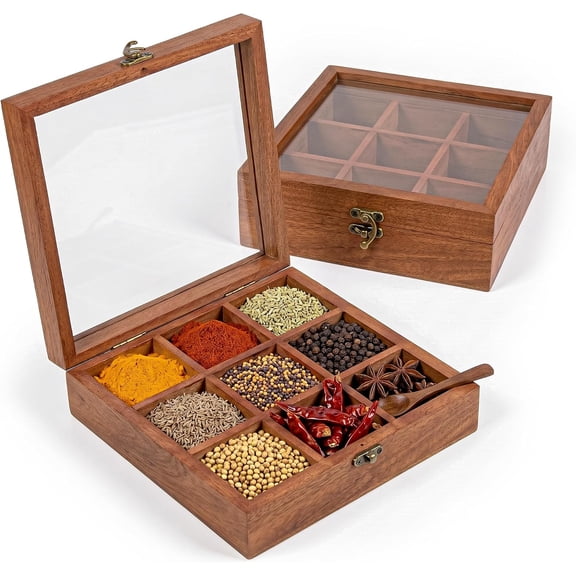 Acacia Wood 9 Compartments Spice Box with Glass Lid, Wooden Masala Box with Removable Compartments, Handcrafted Spice Organizerr with Spoon