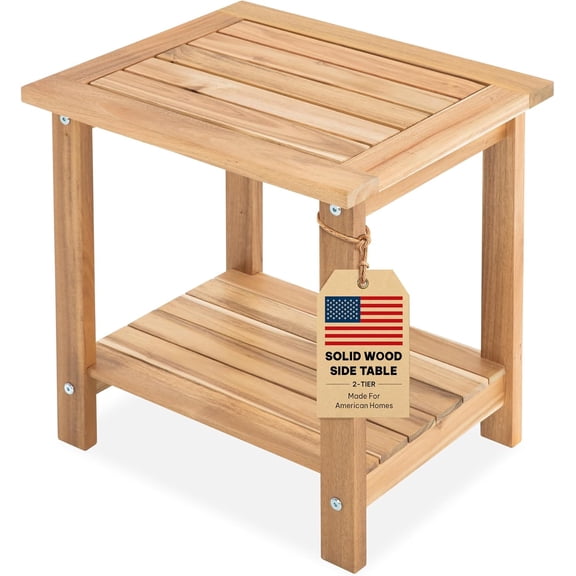 Acacia Wood Adirondack Side Table, 2-Tier Outdoor End Table - White Oak | Waterproof Small Table, Storage Shelf, Chairside End Table for Balcony, Poolside, Garden, Backyard, Patio, Porch, Courtyard