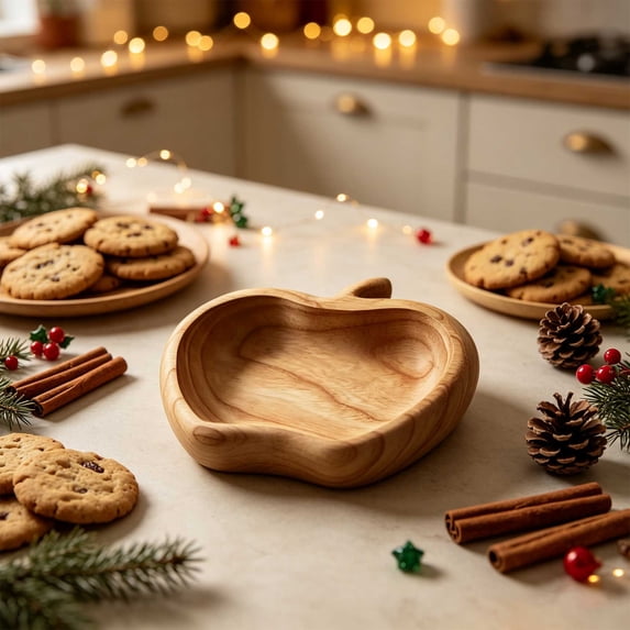 Acacia Wood Apple Shaped Bowl, 5.5 Inch Wooden Salad Bowl for Fruit, Snacks, Serving and Kitchen Decor, Natural Solid Wood Serving Bowl