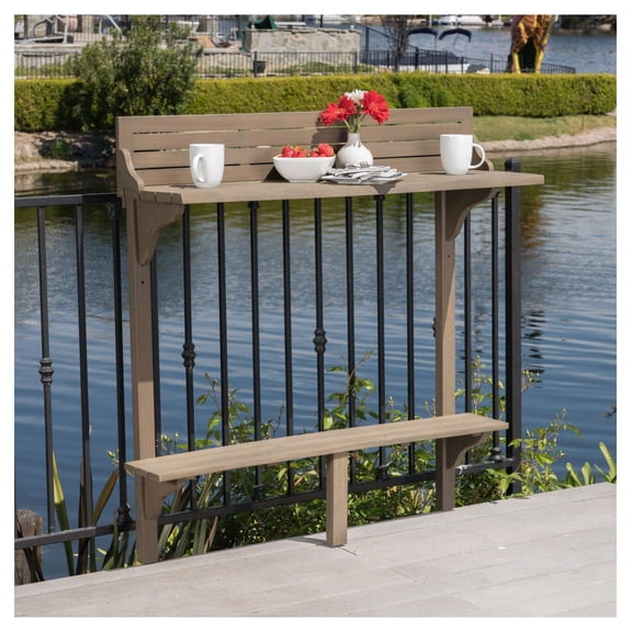 Acacia Wood Balcony Bar Table - Gray Finish, Outdoor Patio Railing Table, Space Saving Design, Extendable Countertop, Weather Resistant, Compact Bar for Balcony, Deck, Small Space