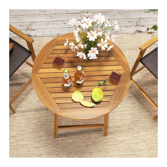 Acacia Wood Bar Height Table with Umbrella Hole, 31.5" Outdoor Patio Table, Slatted Round Tabletop, Adjustable Foot Pads, for Deck, Porch, Balcony