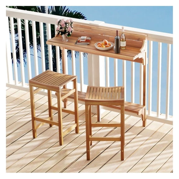 Acacia Wood Bar Table Set 3-Piece Patio Farmhouse, Teak Finish w/Footrest, Outdoor Bar Set for Balcony, Deck, Garden, 48" Table, 2 Stools