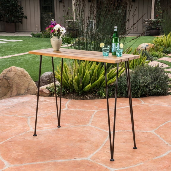 Acacia Wood Bar Table with Rustic Iron Frame / Durable for Outdoor Use