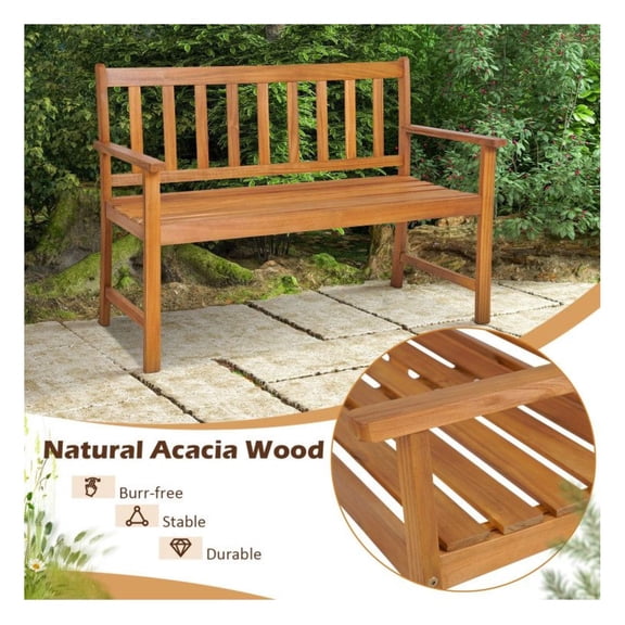Acacia Wood Bench 2-Person Patio, Outdoor Garden Bench with Backrest & Armrests, 800lbs Capacity, Natural Finish, Porch Backyard Seating, DIY Paintable, 43" x 22" x 34"