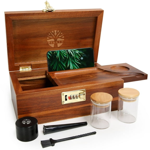 Acacia Wood Storage Box with Grinder & Combination Lock Multi-Purpose Organizer Set