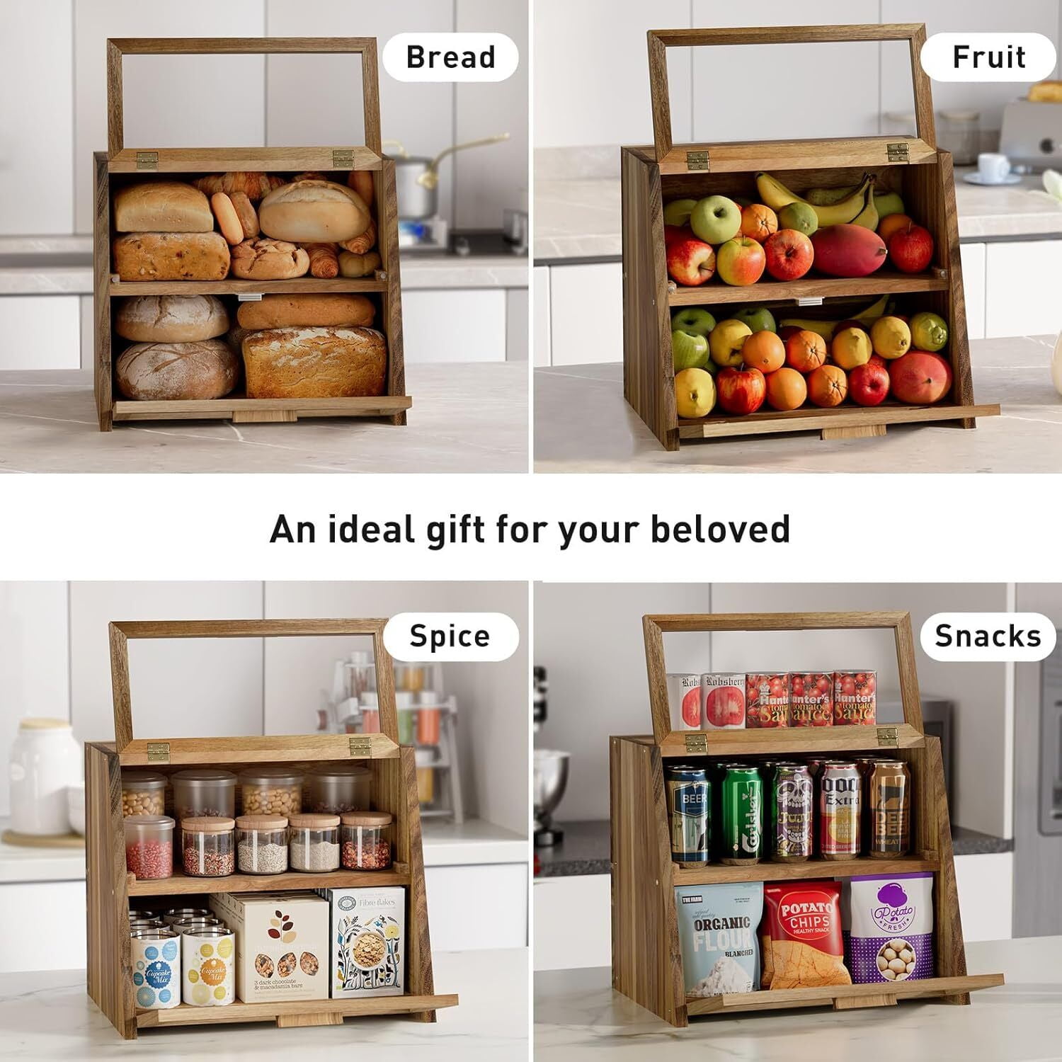 Acacia Wood Bread Box Bread Storage Bin Kitchen Top Food Rack Loaf Storage Box