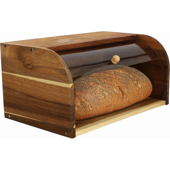 Acacia Wood Bread Box with Clear Sliding Plastic Lid, Rustic Kitchen Counter Storage for Bread, Pastries, Buns & Snacks - Natural Wooden Bread Bin
