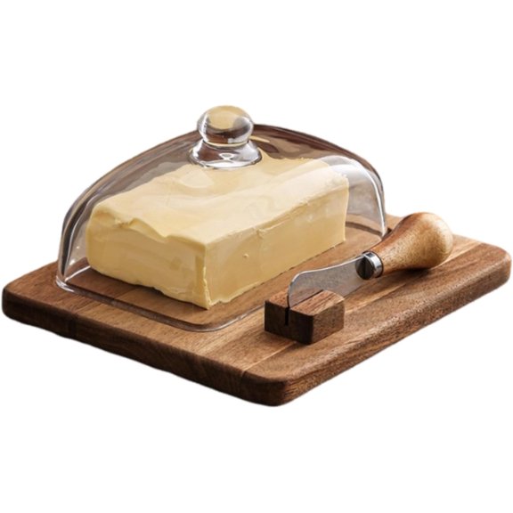 Acacia Wood Butter Dish with Knife and Glass Cover for Cheese, Butter, Cake, Dessert Serving Tray Elegant Kitchenware (1 knife)