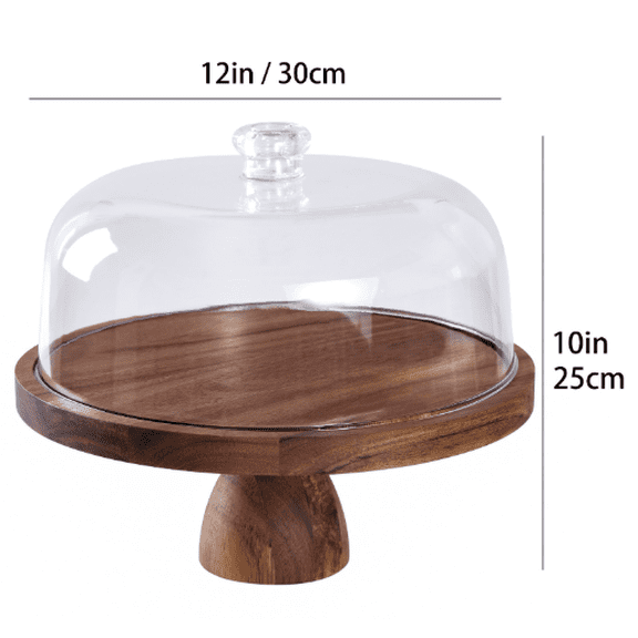 Acacia Wood Cake Stand with Acrylic Dome Lid, 12 Inch Round Cake Holder Dual-Use Dessert Plate Charcuterie Board for Birthday Parties, Weddings, Holiday Events