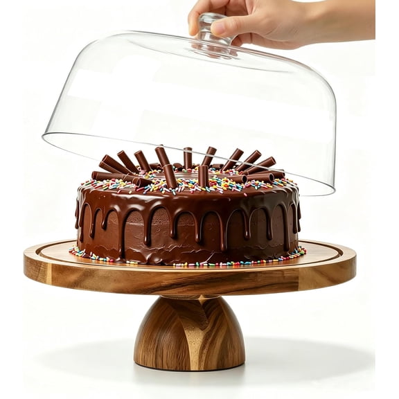 Acacia Wood Cake Stand with Acrylic Dome Lid,12 inch Round Dessert Table Display Set,2-In-1 Cake Plate with Cover, Charcuterie Board for Cheese, Chips & Dips, Nachos, Fruit Platter
