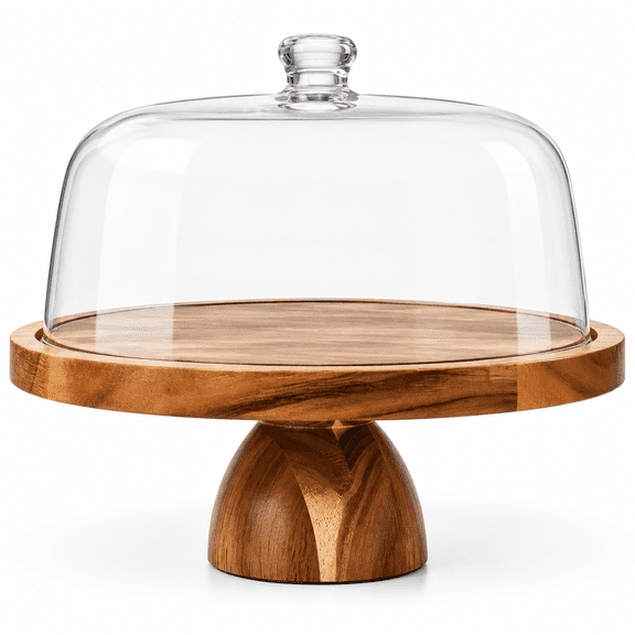 Acacia Wood Cake Stand with Acrylic Dome Lid, 12 inch Round Dessert Table Display Set, 2-In-1 Cake Plate with Cover, Charcuterie Board for Cheese, Chips & Dips, Nachos, Fruit Platter
