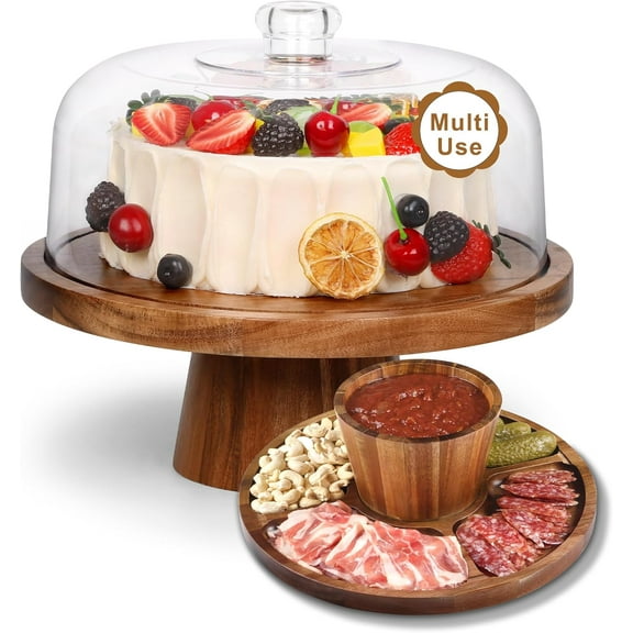 Acacia Wood Cake Stand with Clear Acrylic Lid Dome Cover, 12in Cake Plate with Dome, Cake Display Stand with Cover, Cake Holder for Baking Gifts, Birthday Kitchen Party, Wedding