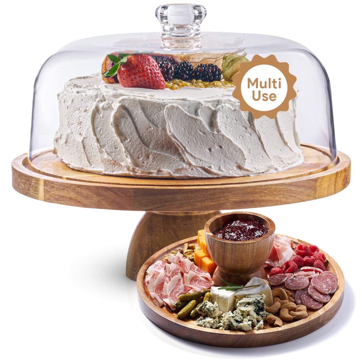 Homesphere Acacia Wood Cake Stand with Lid - 12 In Round Cake Holder, 2-in-1 Dessert Plate & Wooden Charcuterie Board for Cheese, Meat, Chips & Dips, Fruit Platter Tray, Large Acrylic Dome Cover
