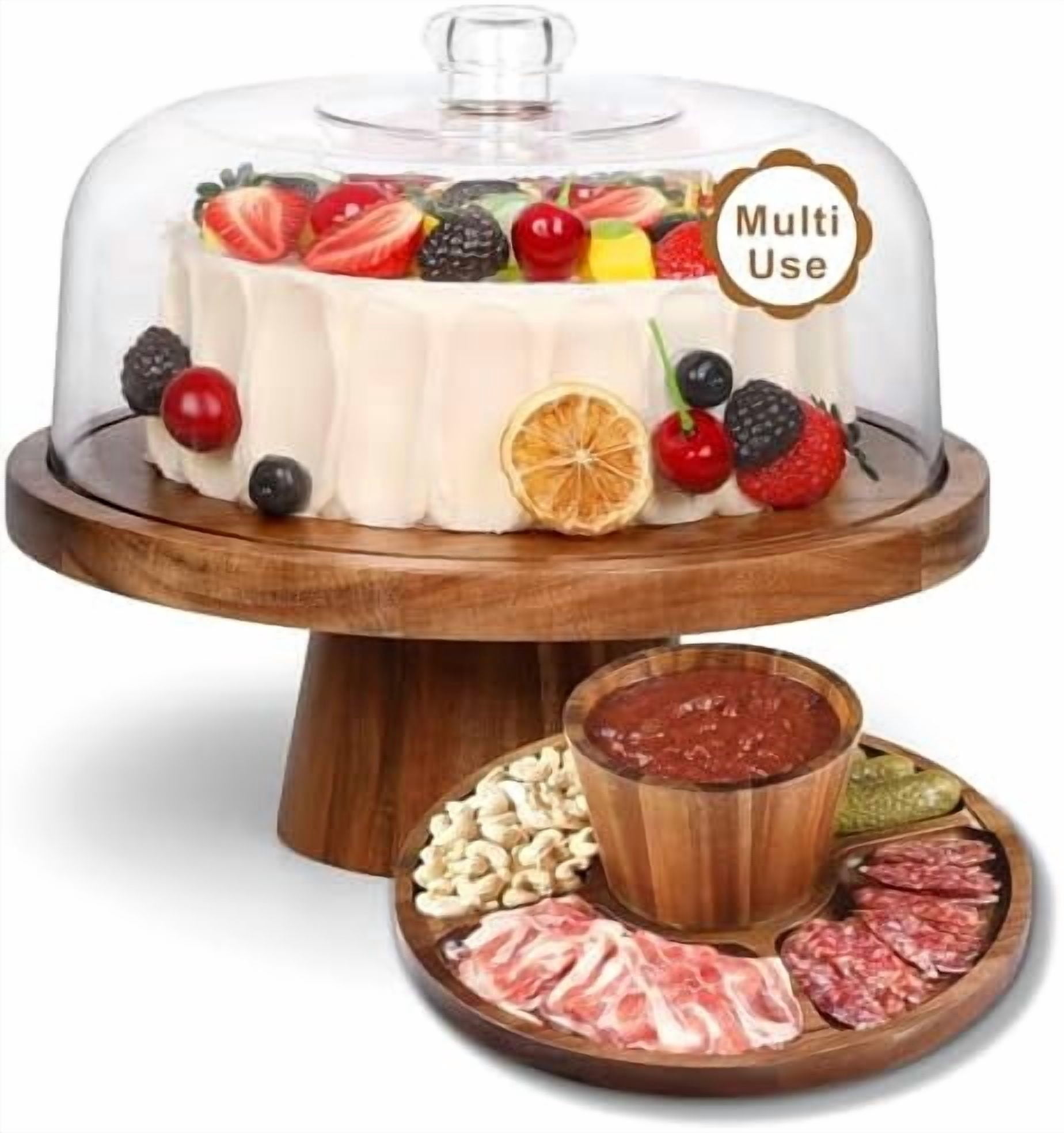 Acacia Wood Cake Stand with Lid - 12in Round Cake Holder, 2-in-1 Dessert Table Display Set & Charcuterie Board for Cheese, Chips & Dips, Nachos, Fruit Platter, Large Acrylic Cake Dome Cover