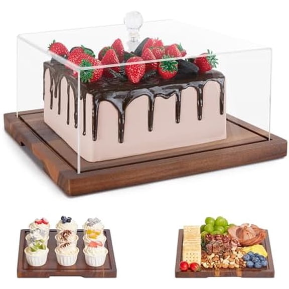 Acacia Wood Cake Stand with Lid-Cake Holder with Dome, 2-in-1 Dessert Table Display Set & Charcuterie Board with Lid,Square Cake Stand for Party,Fruit Tray,Cheese,Veggie,Large Cake Dome Cover