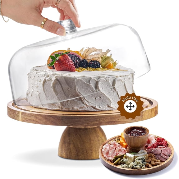 Acacia Wood Cake Stand with Lid - Cake Stand with Dome,12in Round Cake Holder, 2-in-1 Dessert Table Display Set & Charcuterie Board for Cheese, Fruit Platter, Large Acrylic Cake Dome Cover