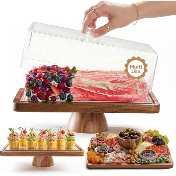 Acacia Wood Cake Stand with Lid - Rectangular Cake Holder, 2-in-1 Dessert Table Display Set & Charcuterie Board for Cheese, Chips, Fruit Platter, Large Acrylic Cake Dome Cover, No Glass