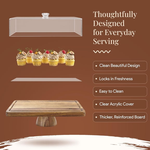 Acacia Wood Cake Stand with Lid, Rectangular Cake Holder with Clear Acrylic Dome, 2-in-1 Dessert Display Stand and Charcuterie Board for Cheese, Fruit, Snacks, Kitchen and Party Serving