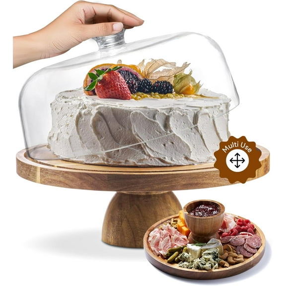 Acacia Wood Cake Stand with LidCake Stand with Dome,12in Round Cake Holder, 2-in-1 Dessert Table Display Set & Charcuterie Board for Cheese, Chips & Dips, Fruit Platter, Large Acrylic Cake Dome Cover