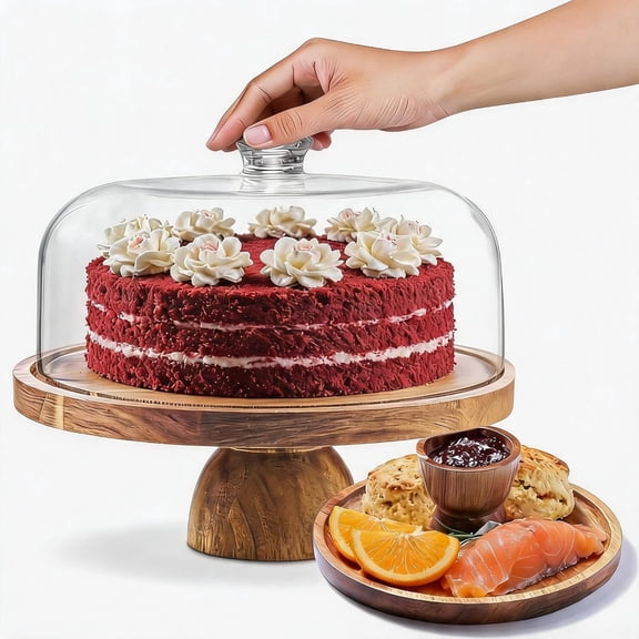 Acacia Wood Cake Stand with Dome Lid - 2-in-1 Reversible Dessert Tray Round Serving Platter for Cake, Fruit, Cheese, Chips, Dips & Party Snacks