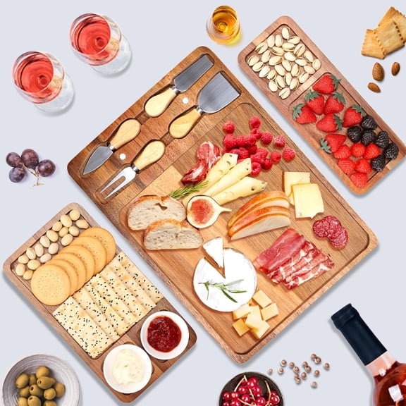 Acacia Wood Cheese Board and Knife Set Charcuterie Platter Meat Cheese and Cracker Tray Vegetarian Fruit Snack Boards Food Serving Tray Grazing Board Magnetic Charcuterie Boards Gift Set