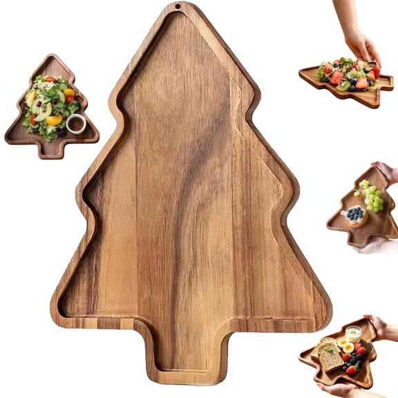 Acacia Wood Christmas Tree Board Tray Platter, Holiday Charcuterie Board | Wood, 11-inch size. Tree shape, raised edges. Food-safe. For serving, fruit, party, home decor
