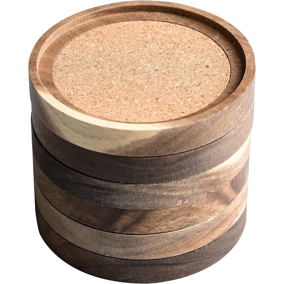 Acacia Wood Coasters for Drinks, 4.13 Inch, Set of 6, Absorbent and Insulation Cork Stackable Cup Holders, Rustic Coasters for Wooden Table, Designed by