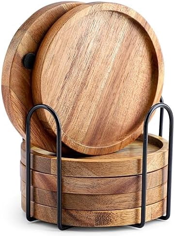 Acacia Wood Coasters for Drinks with Lip 3.94in, Round Drink Coasters with Holder for Coffee Table Dining Table Wooden Table Coasters for Farmhouse Desk, Set of 6
