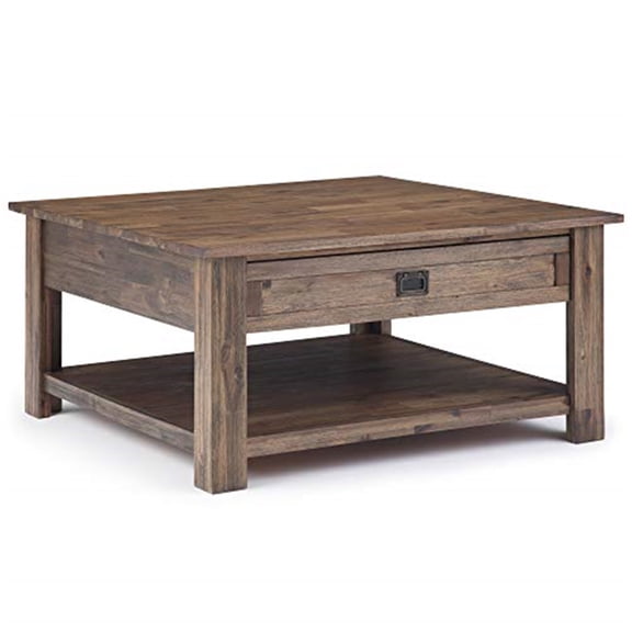 Acacia Wood Coffee Table, 38" Square, Rustic Brown, 2 Drawers & Shelf