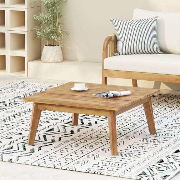 Acacia Wood Coffee Table for Patio, 27.5 Inch Square Outdoor Table with Slat Design Teak Finish