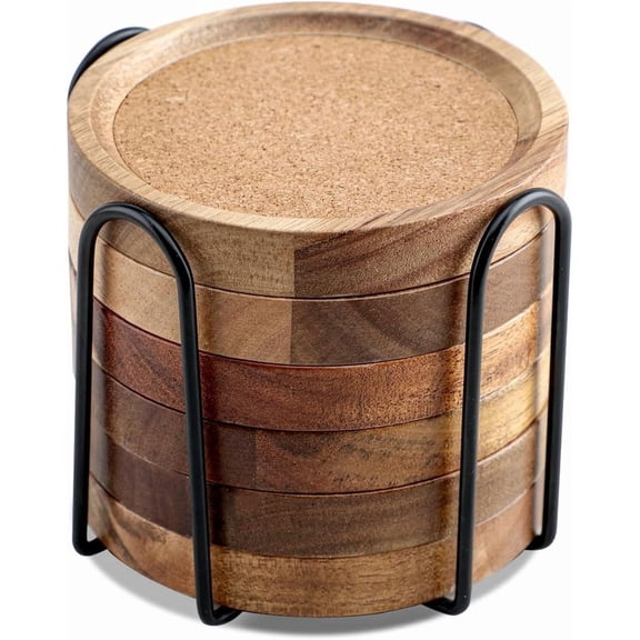 Acacia Wood Cork Coasters Set of 6 with Holder