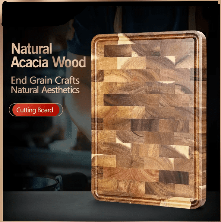 XINZUO Acacia Houten Snijplank voor Keuken (35x25x2.6cm) - End Grain Met Anti-Slip Voetjes, Zijhandgrepen en Sapgroef - Vlees Snijplank