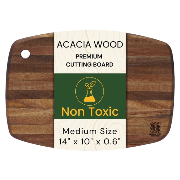 Acacia Wood Cutting Board 14 x 10 Inch Oval, Thin Edge Grain, Handle & Hanging Hole, for Fruit, Cheese, Bread, Kitchen Prep, Non-Toxic BPA/Plastic Free, Solid Hardwood by New M Way