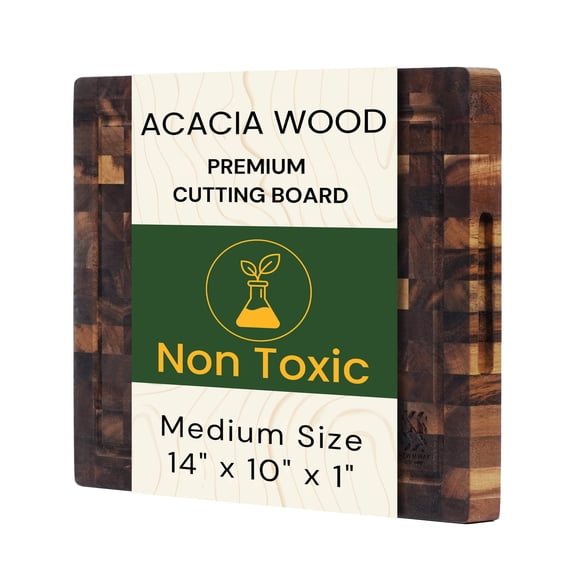 Acacia Wood Cutting Board 14x10x1 End Grain Butcher Block | Thick Solid Hardwood, Knife Friendly | Juice Groove & Built-In Handle | Non-Toxic Natural for Kitchen Prep, Meat & BBQ by New M Way