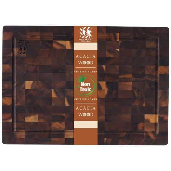 Acacia Wood Cutting Board 14x10x1 End Grain Butcher Block | Thick Solid Hardwood, Knife Friendly | Juice Groove & Built-In Handle | Non-Toxic Natural for Kitchen Prep, Meat & BBQ by New M Way