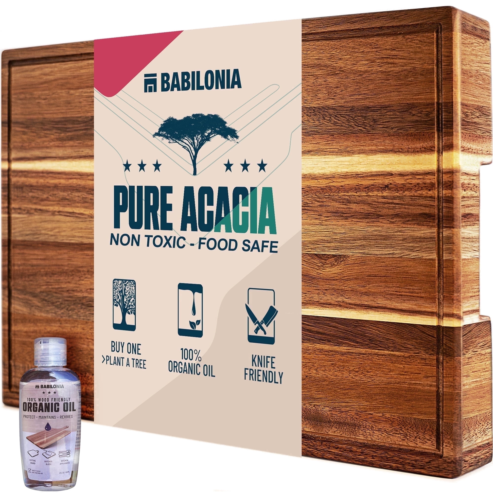 Babilonia Acacia Wood Cutting Board, 15.7 x 10.2 x 1.7 inch Wooden Chopping Board with Juice Groove and Handles for Kitchen (Oil & Plate Included)