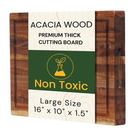 Acacia Wood Cutting Board 16x10 Inch for Meat, Bread & Kitchen Prep - Thick 1.5" Butcher Block with Deep Juice Groove, Solid Hardwood, Non-Toxic, BPA Free by New M Way