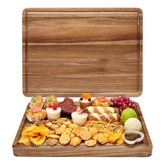 Acacia Wood Cutting Board, 20x15x1.38 Inch Large Wooden Chopping Board for Kitchen, Reversible Wooden Butcher Block with Deep Juice Groove and Side Handle for Meat, Vegetables, Cheese, Fruit