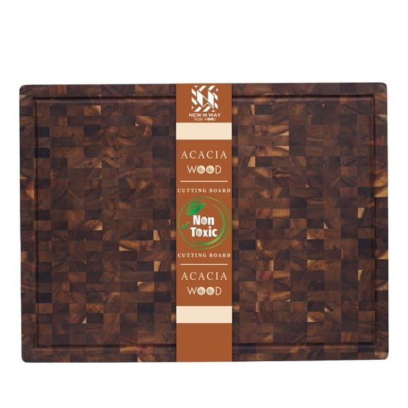 Acacia Wood Cutting Board 24x18x1.5" | Extra Thick End Grain Butcher Block, Deep Juice Groove & Handles | Non-Toxic, Knife-Friendly Hardwood for Meat Carving & Serving by New M Way