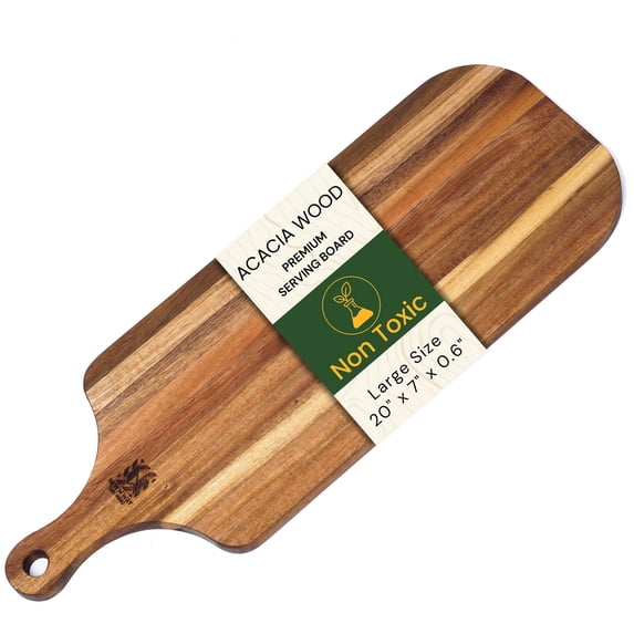 Premium Acacia Wood Cutting Board Extra Large 20" x 7" x 0.6" Thin Paddle Board w/ Handle & Hole for Cheese, Bread, Fruit Serving - Lightweight Solid Hardwood, Non-Toxic, Plastic Free by New M Way