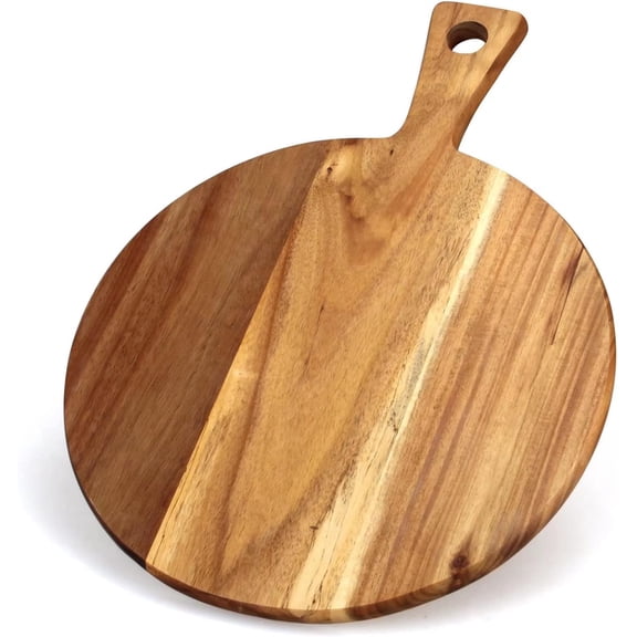 Acacia Wood Cutting Board with Handle Round Wooden Chopping Board for Kitchen Decor, Large Charcuterie Board Tray, Teak Style Meat Cheese Bread Serving Platter, Butcher Block Pizza Board