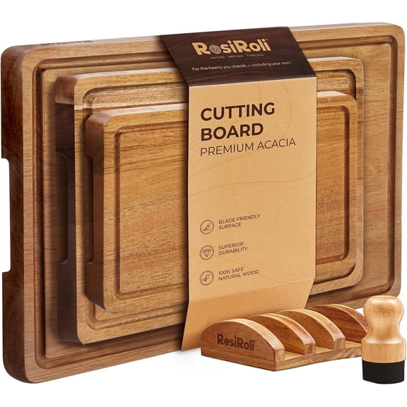 Acacia Wood Cutting Board for Kitchen, Set of 3 - Durable 1" Thick Chopping Boards with Juice Grooves & Handles for Prep & Serving, Impressive Gift for Housewarming, Christmas, and Home Chefs