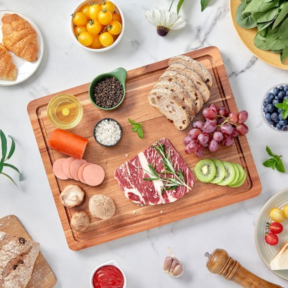 16.5x13 Large Acacia Wooden Cutting Boards for Kitchen, Edge Grain Reversible Wood Chopping Board with Juice Groove and Handles, Pre-Oiled Carving Tray for Meat & Cheese