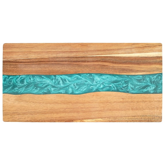 Acacia Wood Cutting Board, Resin Kitchen Chopping Board with Wave Pattern for Cheese, Meat, Vegetable, Serving Board, 13 x 9 Inch (Blue Wave)