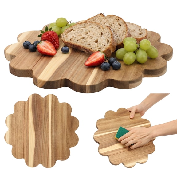 Acacia Wood Cutting Board Scalloped Edge Multi Purpose Wooden Charcuterie Board Wooden Display Plate for Cheese Meat Bread Fruit Vegetable Serving Kitchen Butcher Block