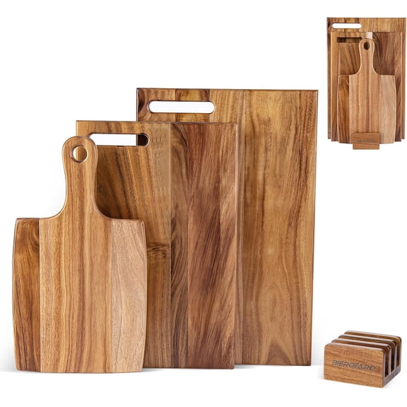 Acacia Wood Cutting Board Set of 3 with Stand Kitchen & Charcuterie Serving Boards, Multi-Size Wooden Chopping Boards for Meat, Veggies & Fruit, Easy Clean & Space-Saving Display