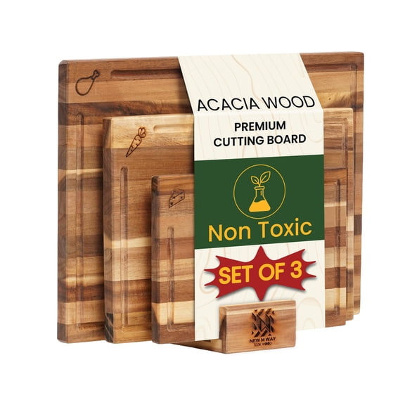 Acacia Wood Cutting Board Set of 3 with Stand, Thick Butcher Block Boards w/Deep Juice Grooves for Meat Prep & Serving, Premium Solid Hardwood, Non-Toxic, BPA-Free by New M Way