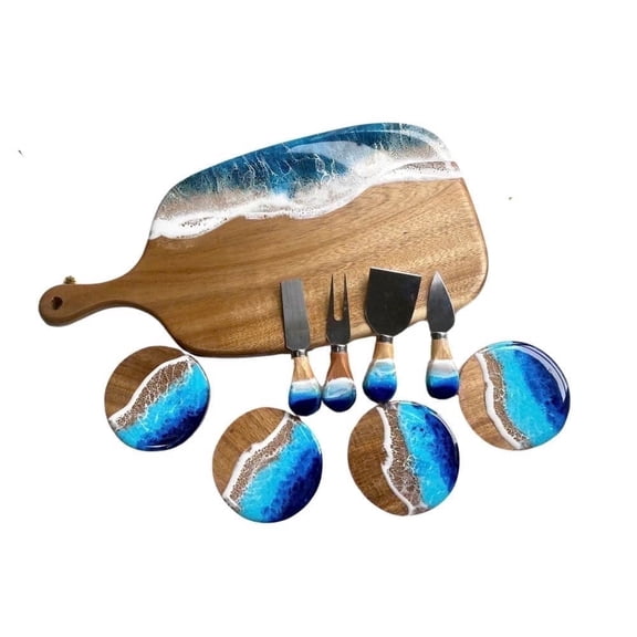 May Studios Design Acacia Wood Cutting Board 18.5" with Knives & Mini Forks  Handmade Ocean Resin Beach Charcuterie & Cheese Board, Housewarming Gift