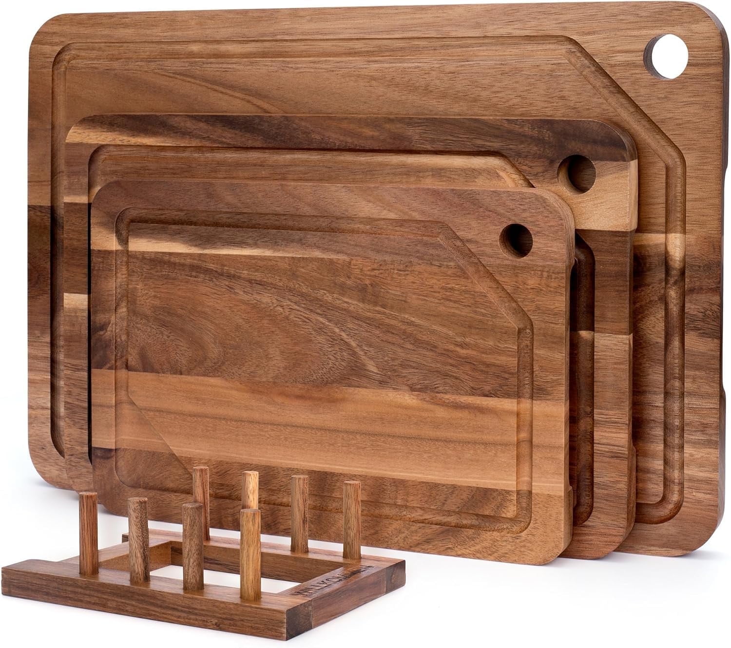 JDNRXO4-Pieces Wood Cutting Board, Bamboo Chopping Board for Kitchen with Holder, Cutting Boards Set with Juice Groove and Handles, Charcuterie Board for Chopping Meat, Vegetables and Fruits