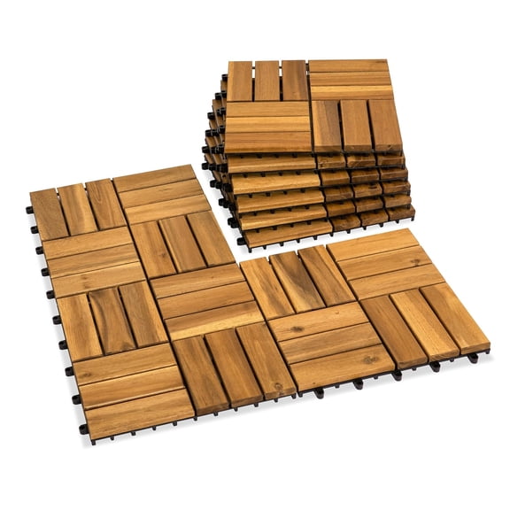 Acacia Wood Decking Tiles 9PCS - Easy Snap Interlocking Deck for Patio Poolside Balcony Decor All Weather Waterproof Flooring Indoor & Outdoor (Round Joints)